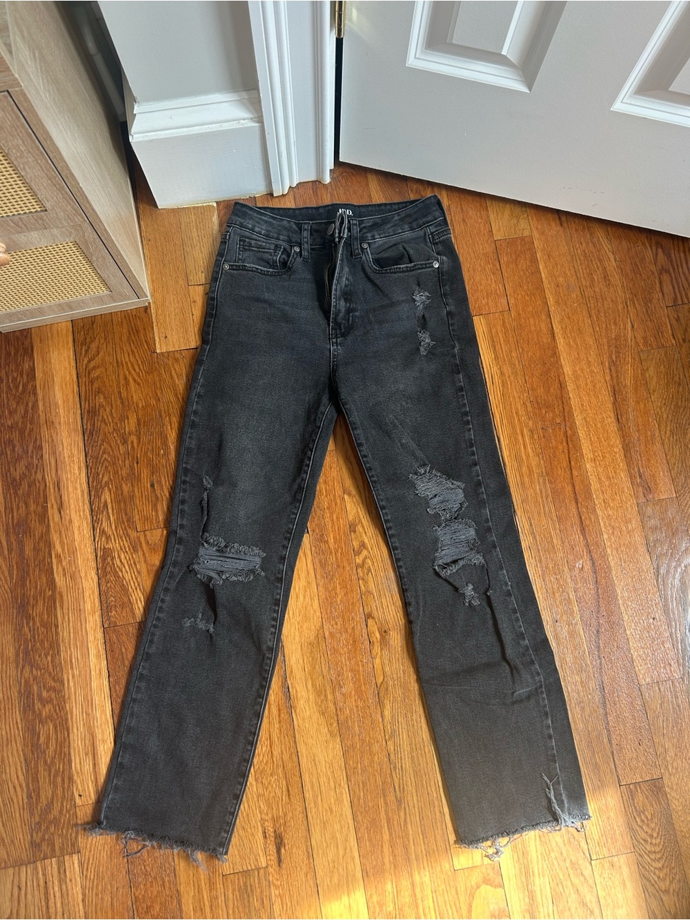 Black Distressed Straight-Leg Jeans